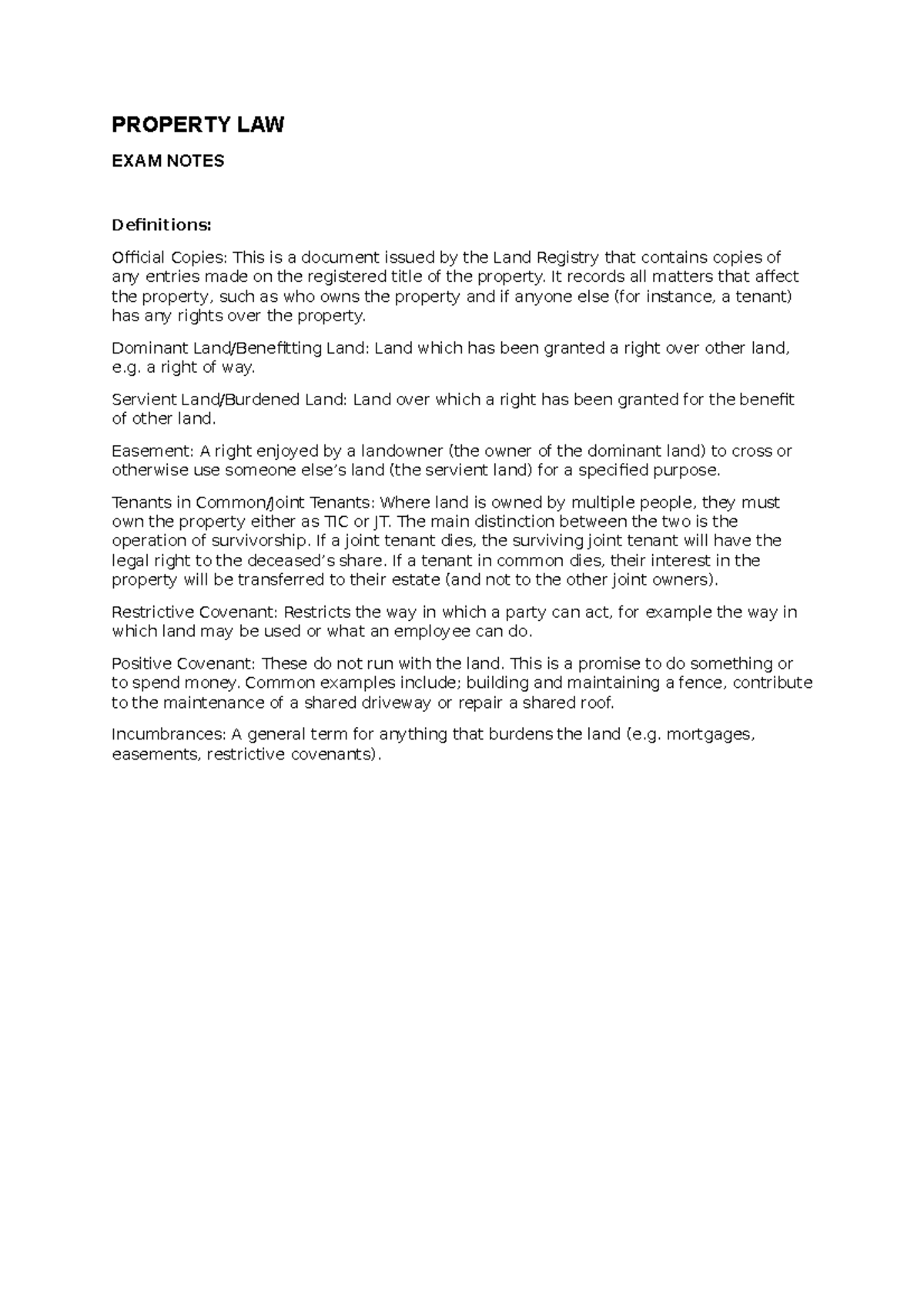 Property Law - Exam Notes Overview and Key Concepts - Studocu