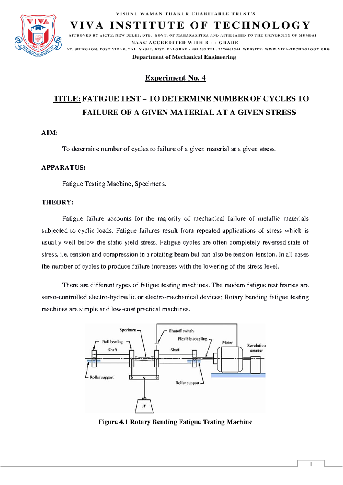 MT Expt No. 4 - Fatigue Testing for Material Failure Analysis - Studocu