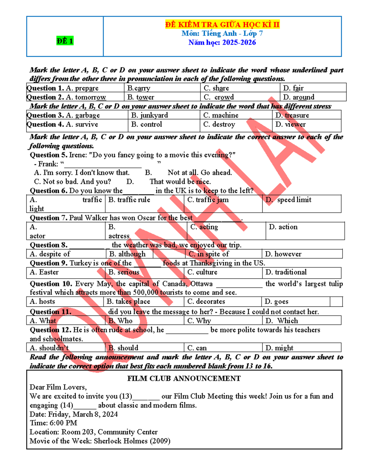GKII TA7 Midterm Exam: English Language Assessment for Grade 7 - Studocu