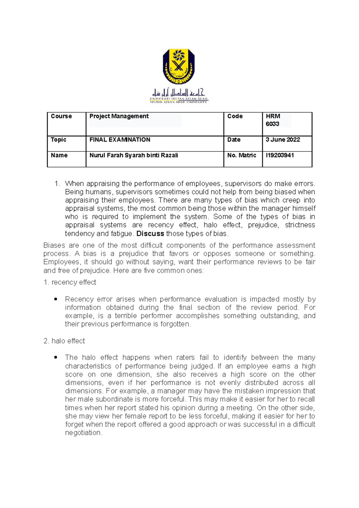 Project management assignment - Course Project Management Code HRM 6033 ...