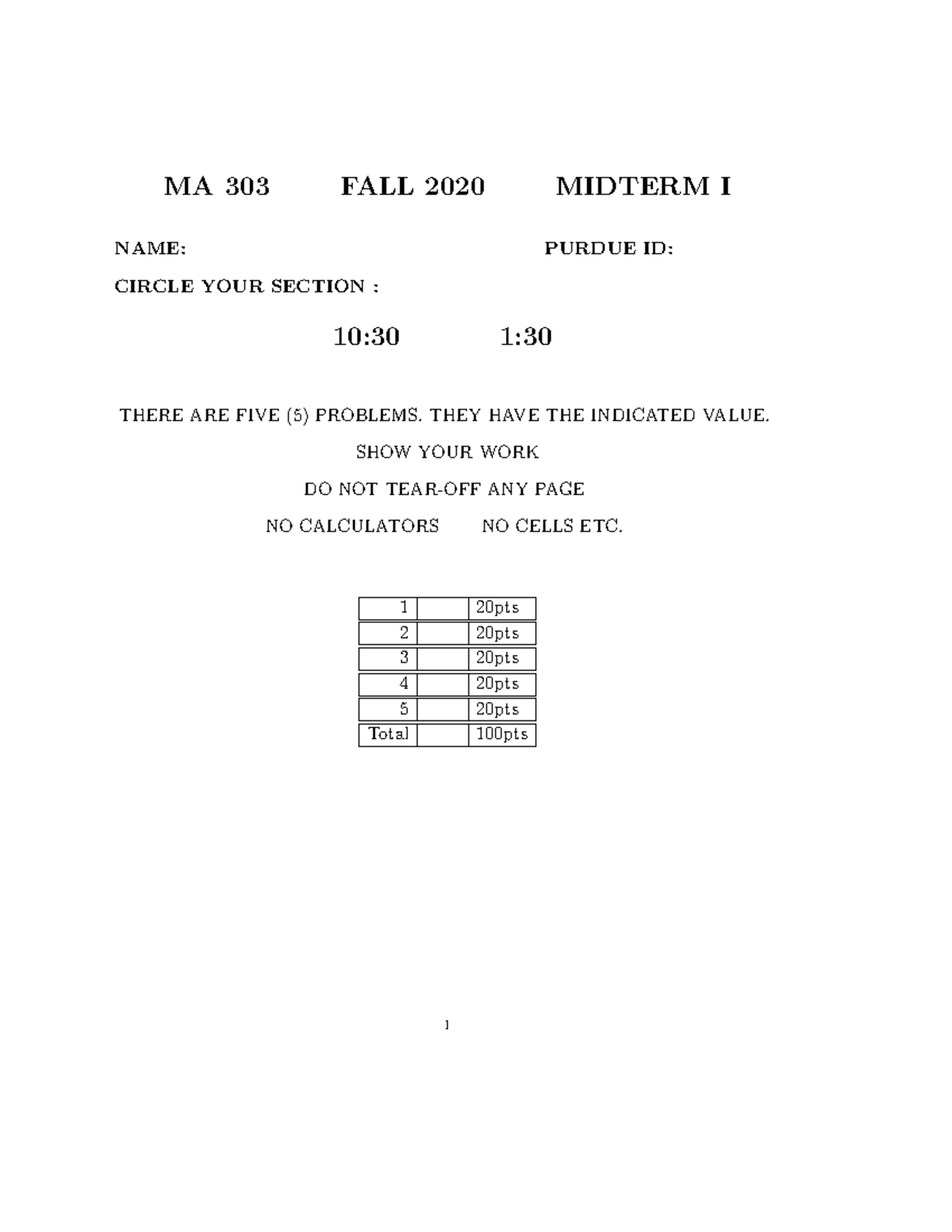 MA 303 Fall 2020 Midterm 1 Practice Exam with Solutions - Studocu