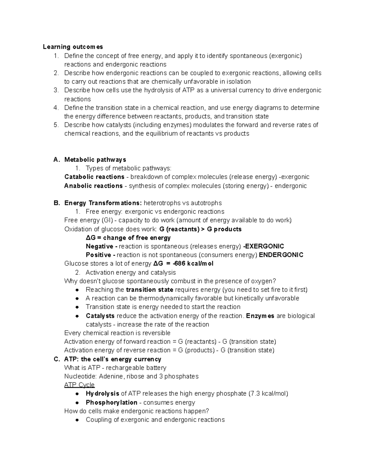 Energy Study Guide - Concepts of Free Energy and Metabolic Pathways ...