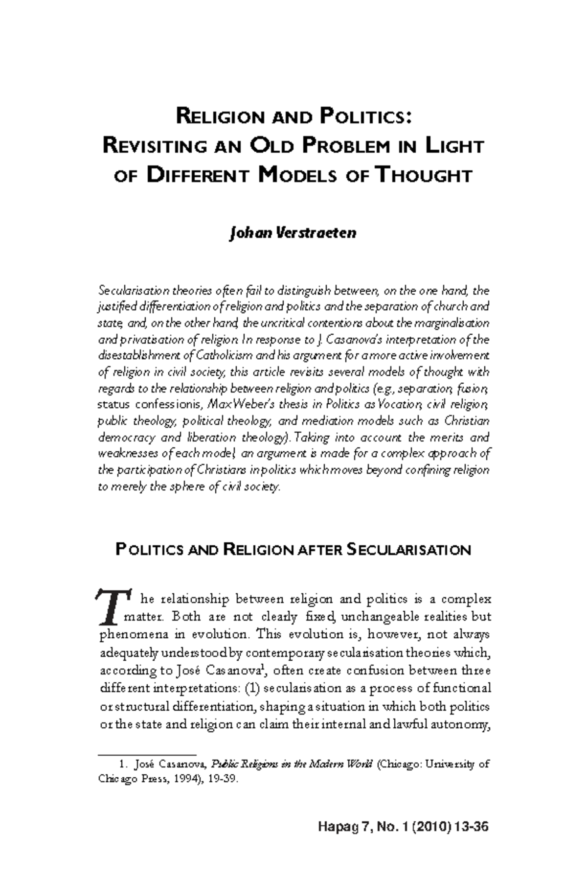 RELIGION AND POLITICS: A CRITICAL ANALYSIS OF SECULARISATION THEORIES ...
