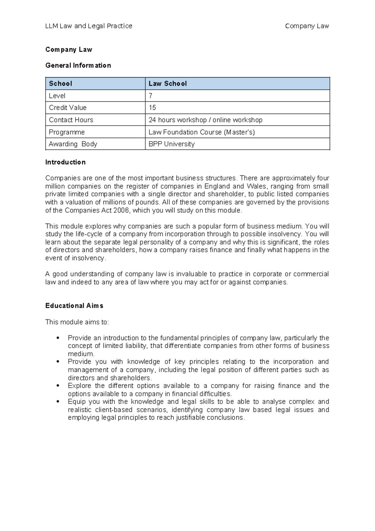 Company Law Module Outline (Level 7, Credit 15) - Studocu