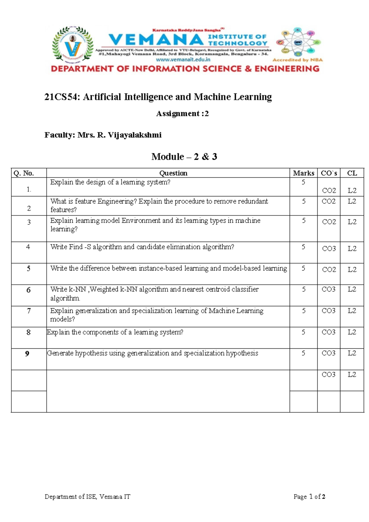 21CS54: AI & ML Assignment 2 - Question Bank Notes - Studocu