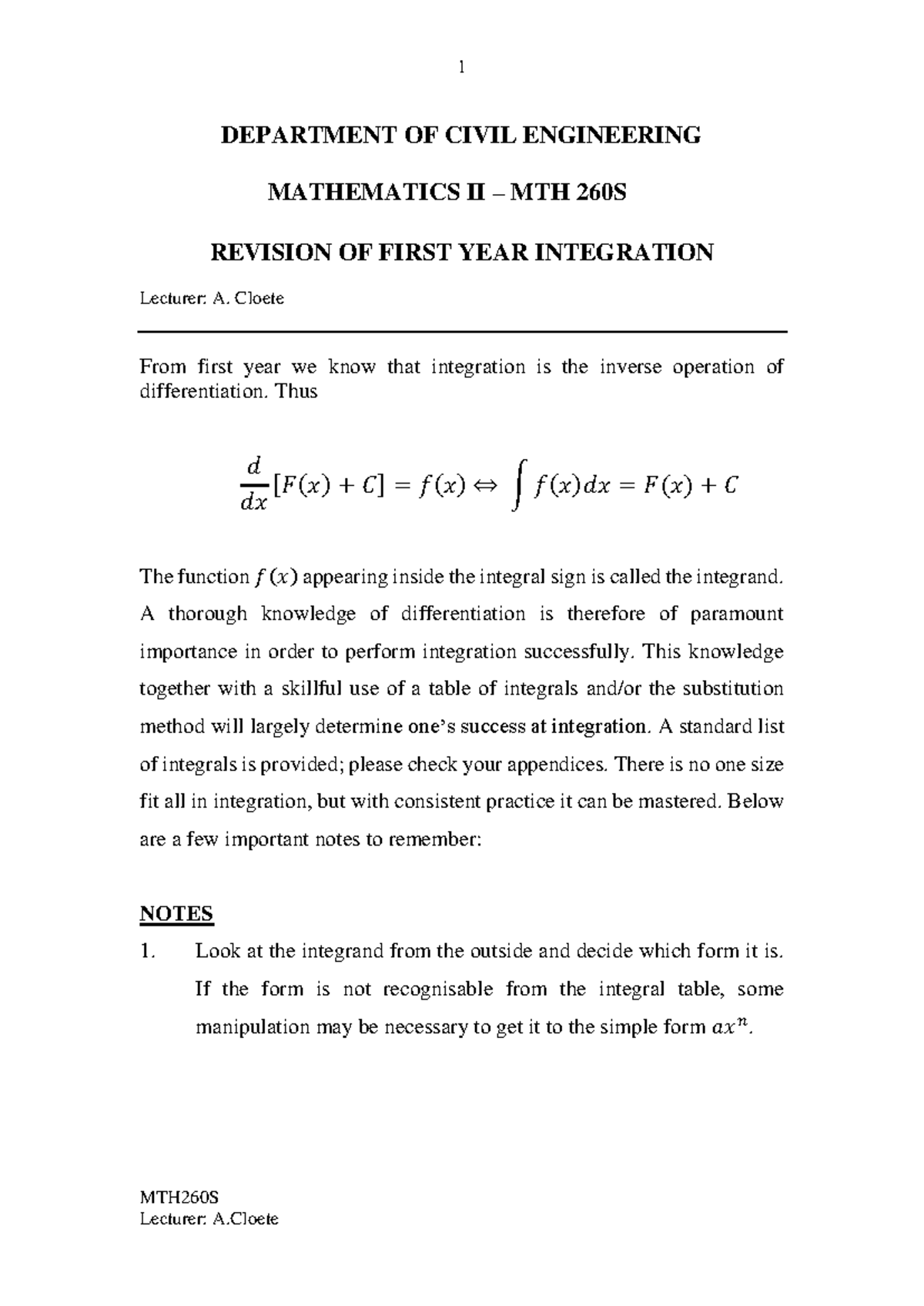 MTH260S: First Year Integration Revision Notes and Concepts - Studocu