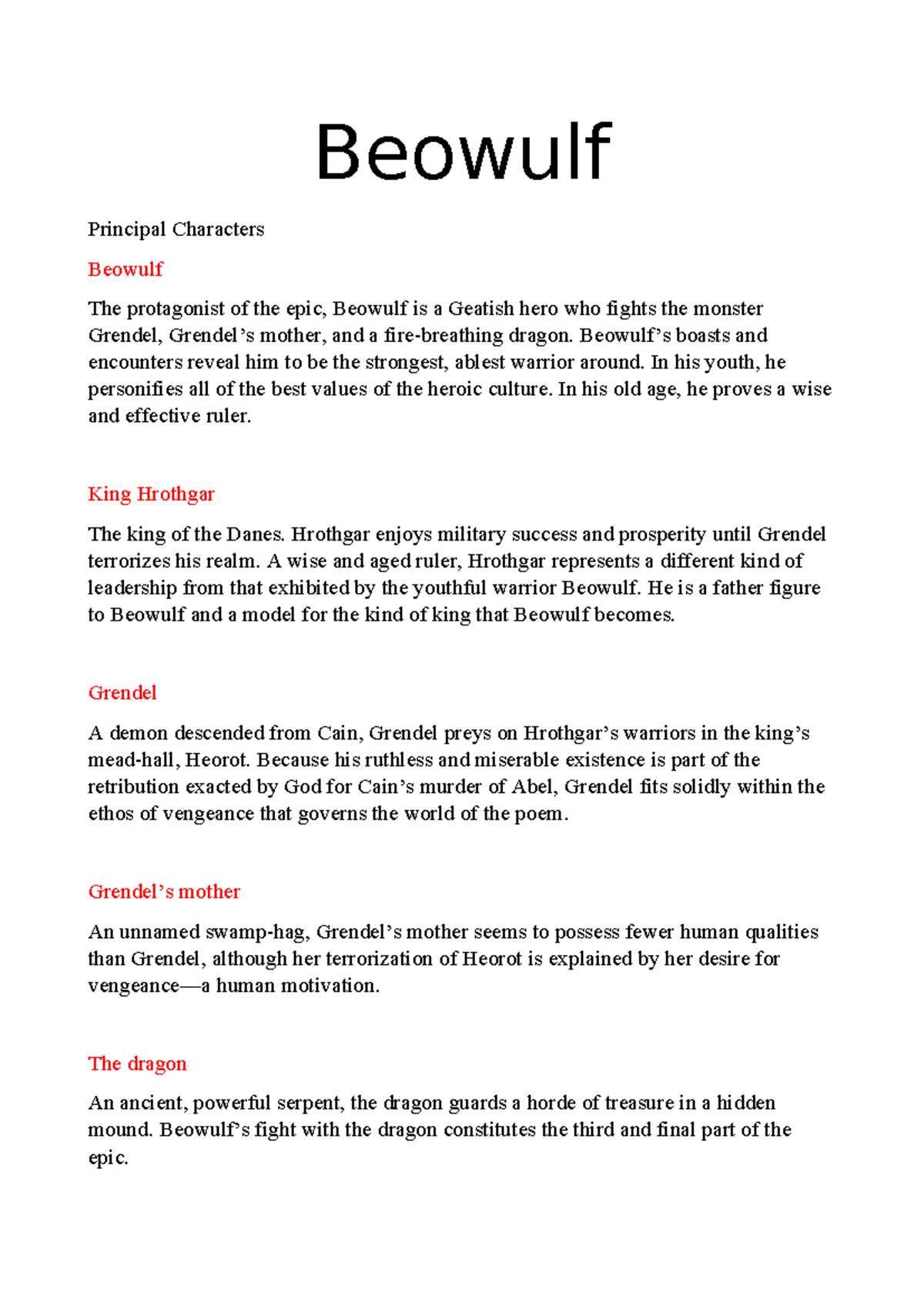 Beowulf: Principal Characters and Their Roles in the Epic - Studocu