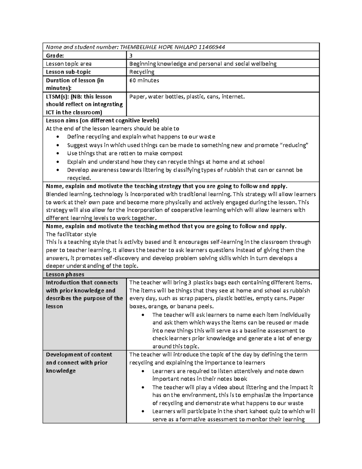 CIC2601 Lesson Plan: Recycling and Waste Management Strategies - Studocu