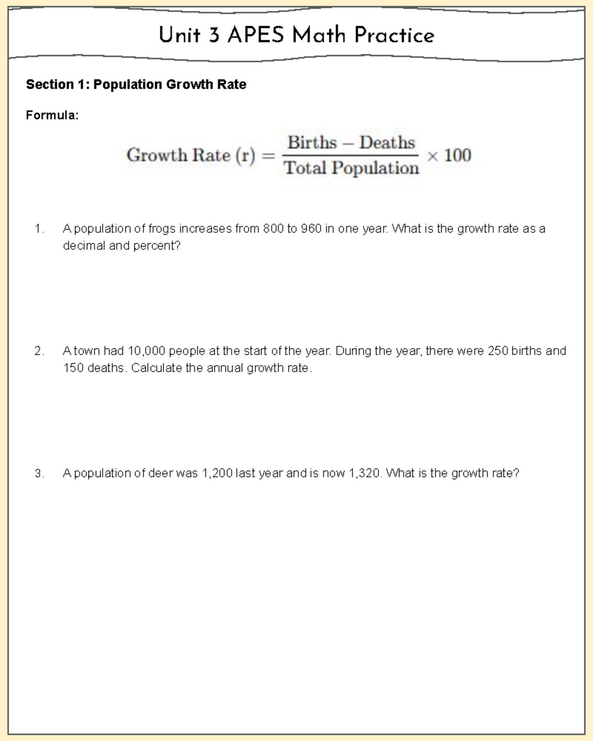 Unit 3 APES Math Practice: Population Growth & Change - Studocu