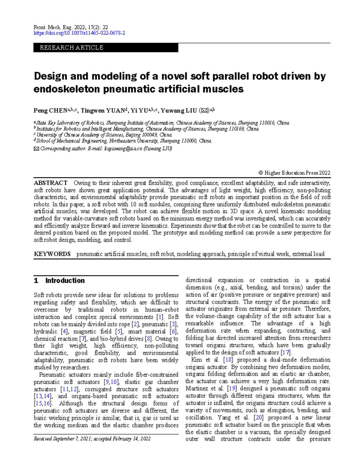 Design and Modeling of Soft Parallel Robot with PAMs - Chen2022 - Studocu