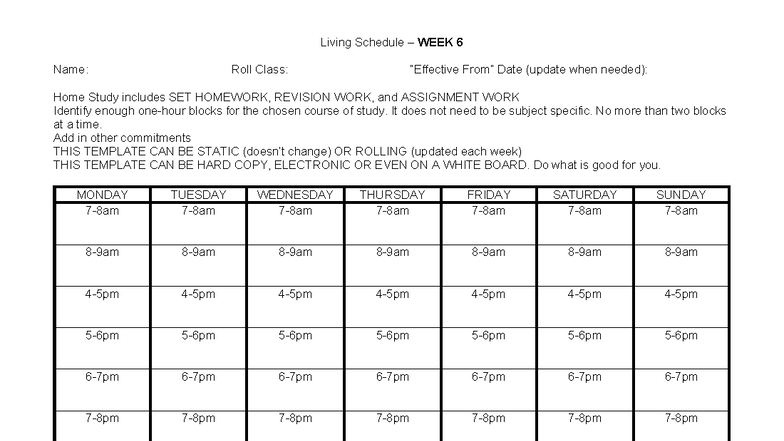 Study Plan Template for Weeks 6-8: Home Study & Revision - Studocu