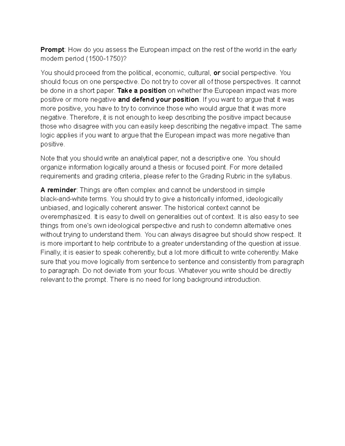 European Impact on the World: An Analytical Essay (HIST 201) - Studocu