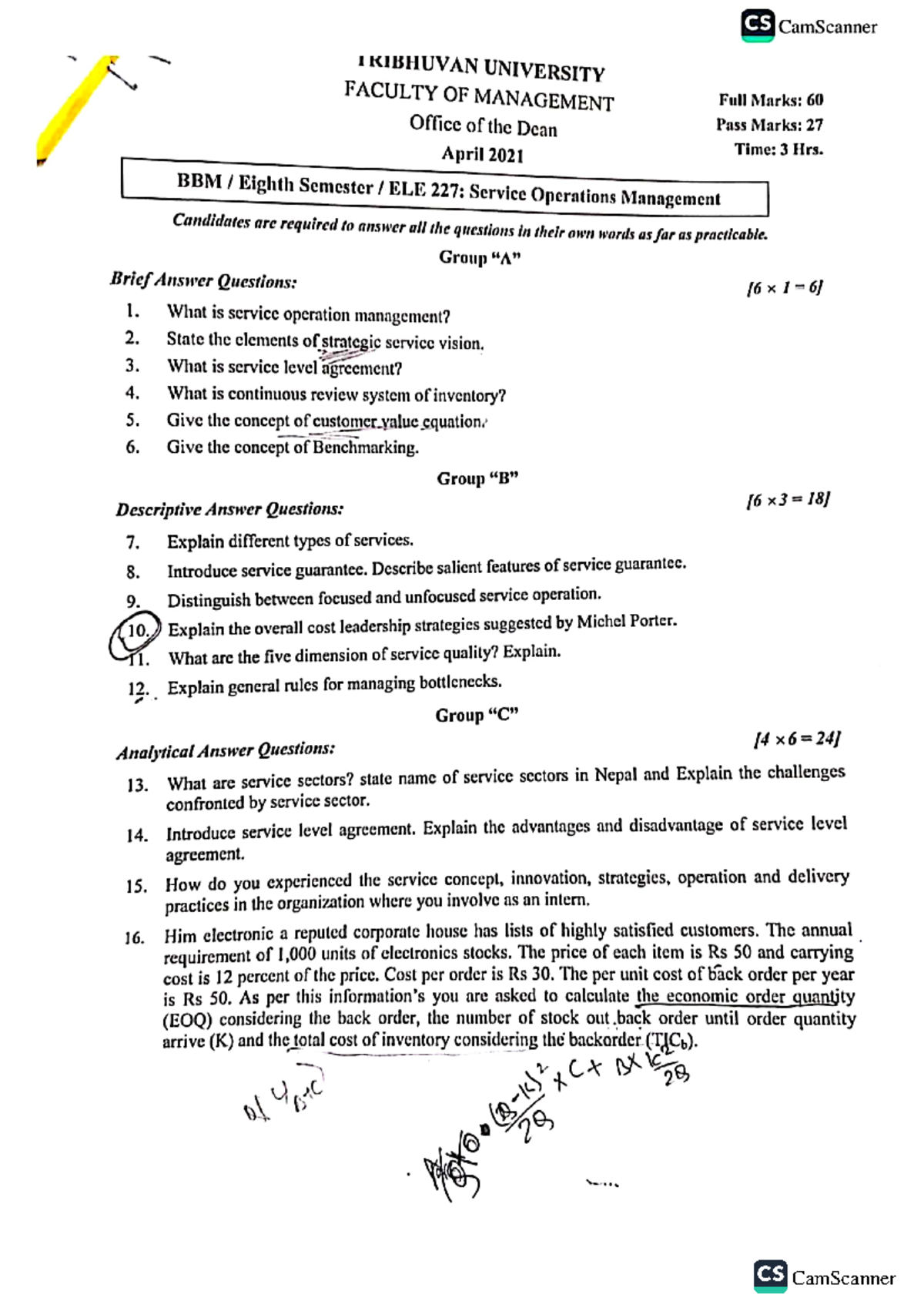 CS BBM Eighth Semester: Service Operations Management Past Questions ...
