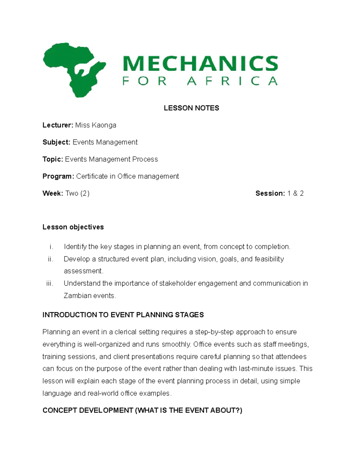 Lesson Notes on Events Management Process (C.O.M) - Studocu