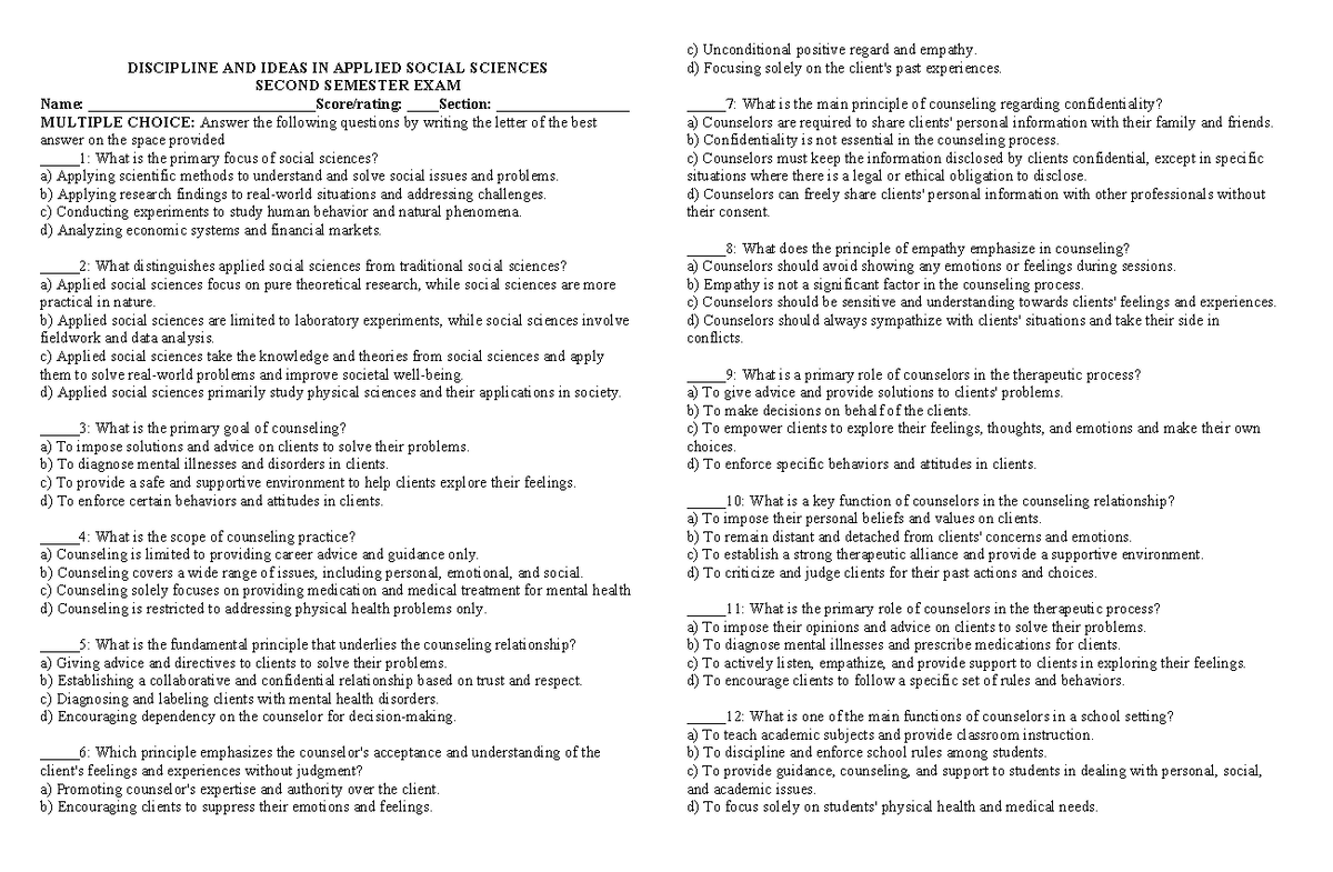 HUMMS 2nd Sem Exam: Discipline & Ideas in Applied Social Sciences - Studocu