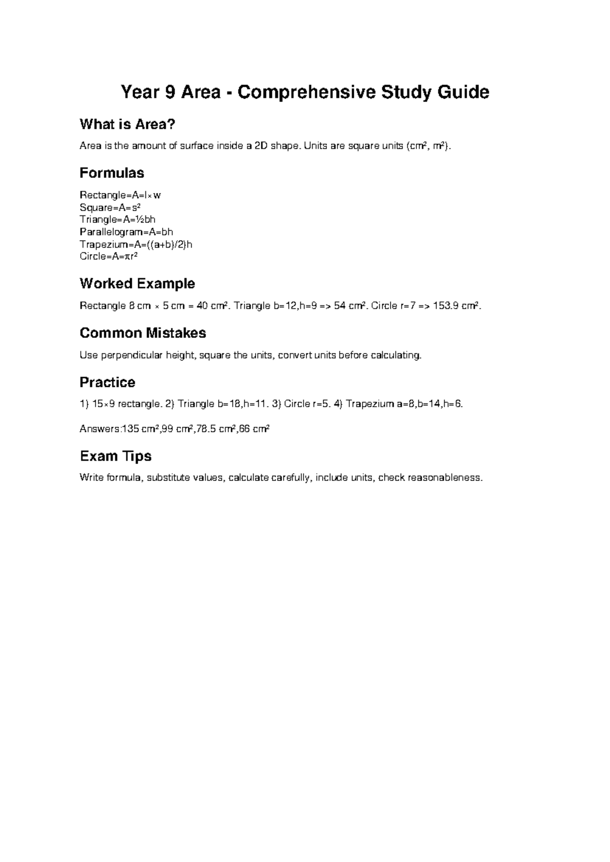 Year9 Area Comprehensive Study Guide - Year 9 Area - Comprehensive ...