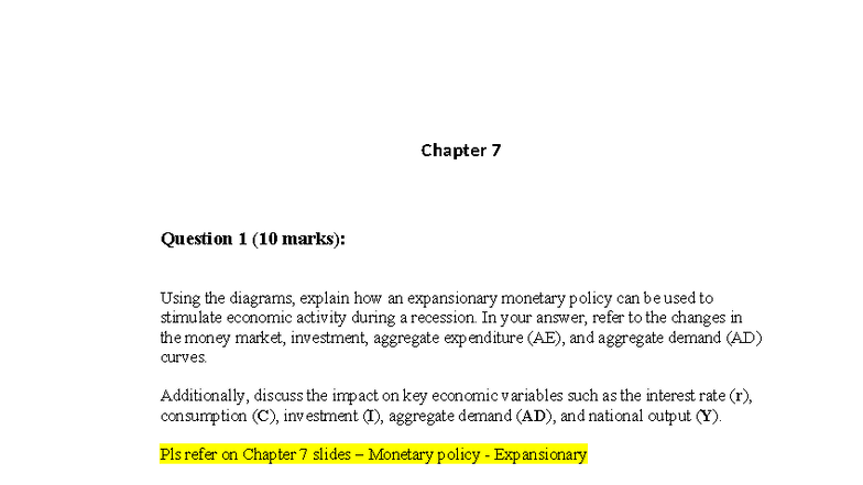 Chapter 7 - Quiz - for final - Chapter 7 Question 1 (10 marks): Using ...