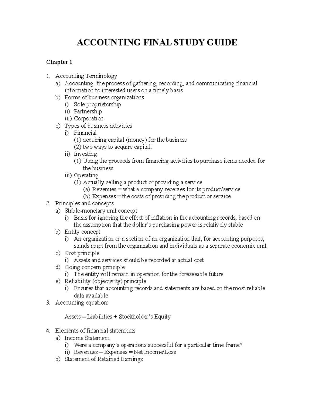 ACCOUNTING 101 Final Exam Study Guide: Key Concepts and Principles ...
