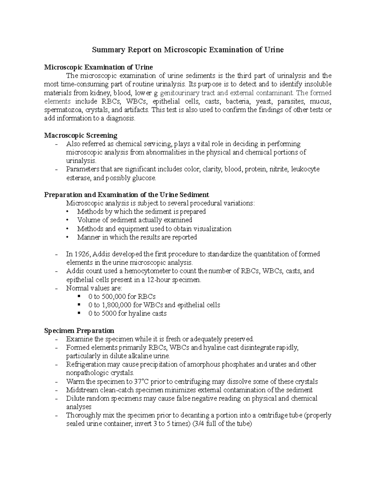 Microscopic Urine Examination Report: Key Findings and Procedures - Studocu