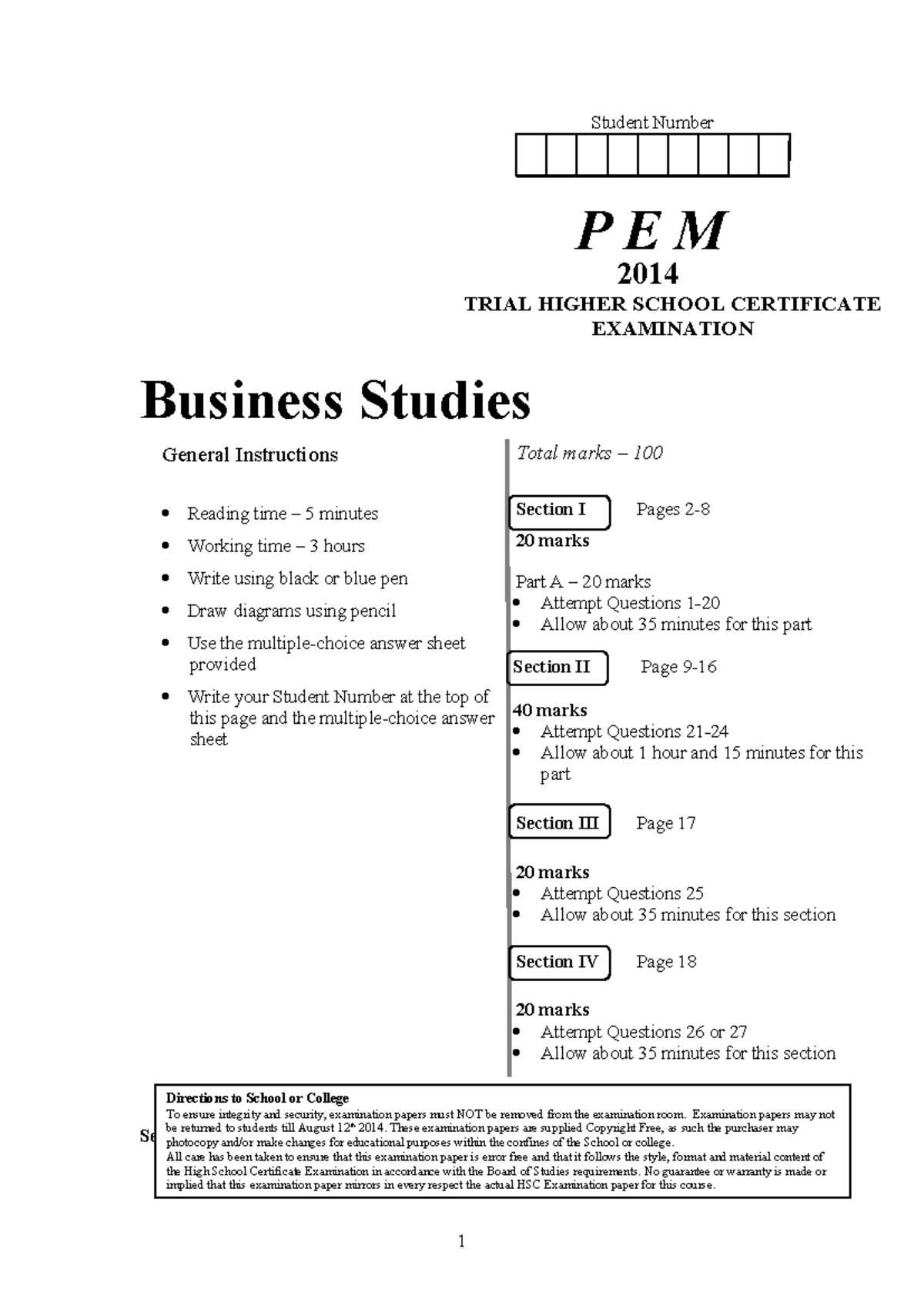 2014 PEM Trial HSC Business Studies Exam Paper - Studocu