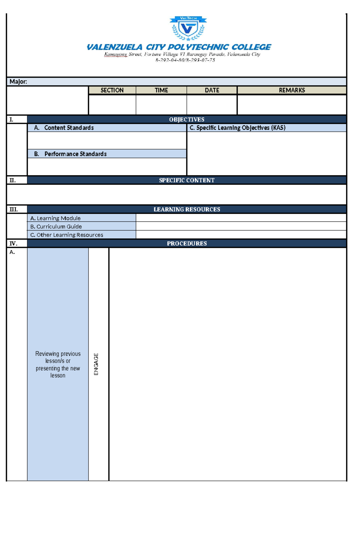 Lesson-PLAN- Template - Major: SECTION TIME DATE REMARKS I. OBJECTIVES ...