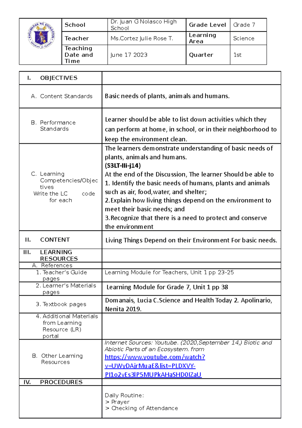 Lesson Plan for Science Grade 7: Exploring Basic Needs and Environment ...