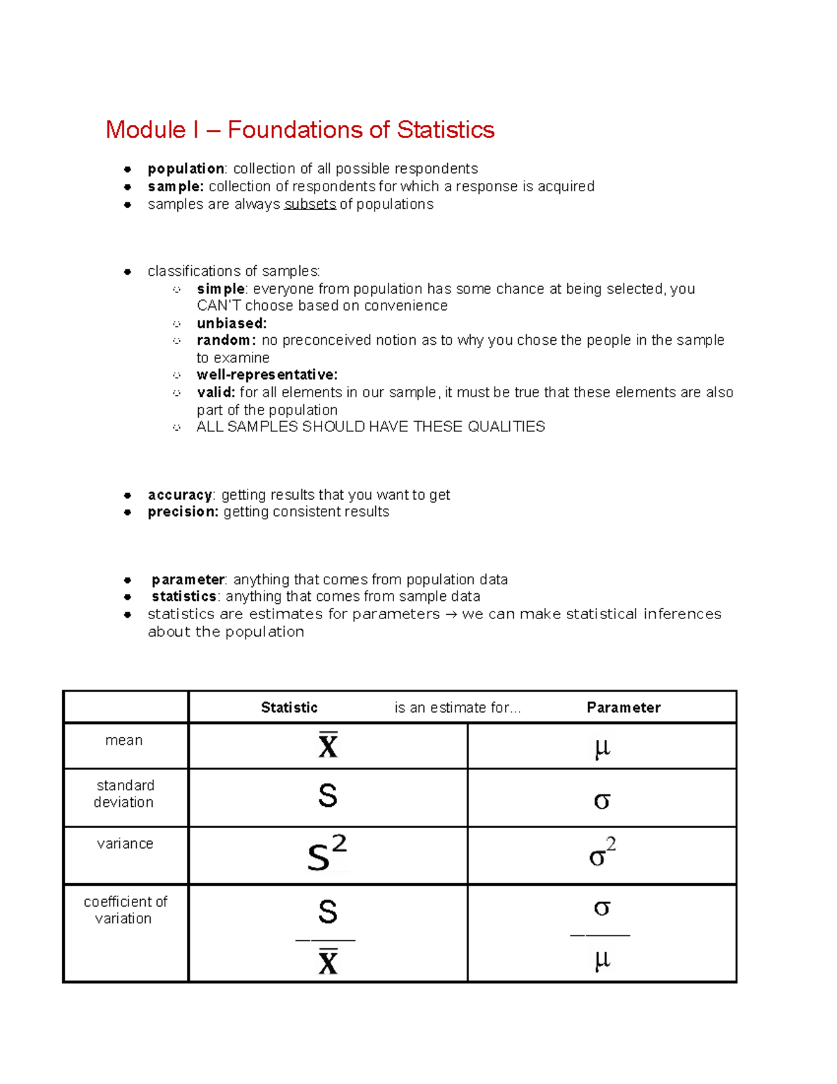 Study Guide for Final Exam - Module I Foundations of Statistics ...