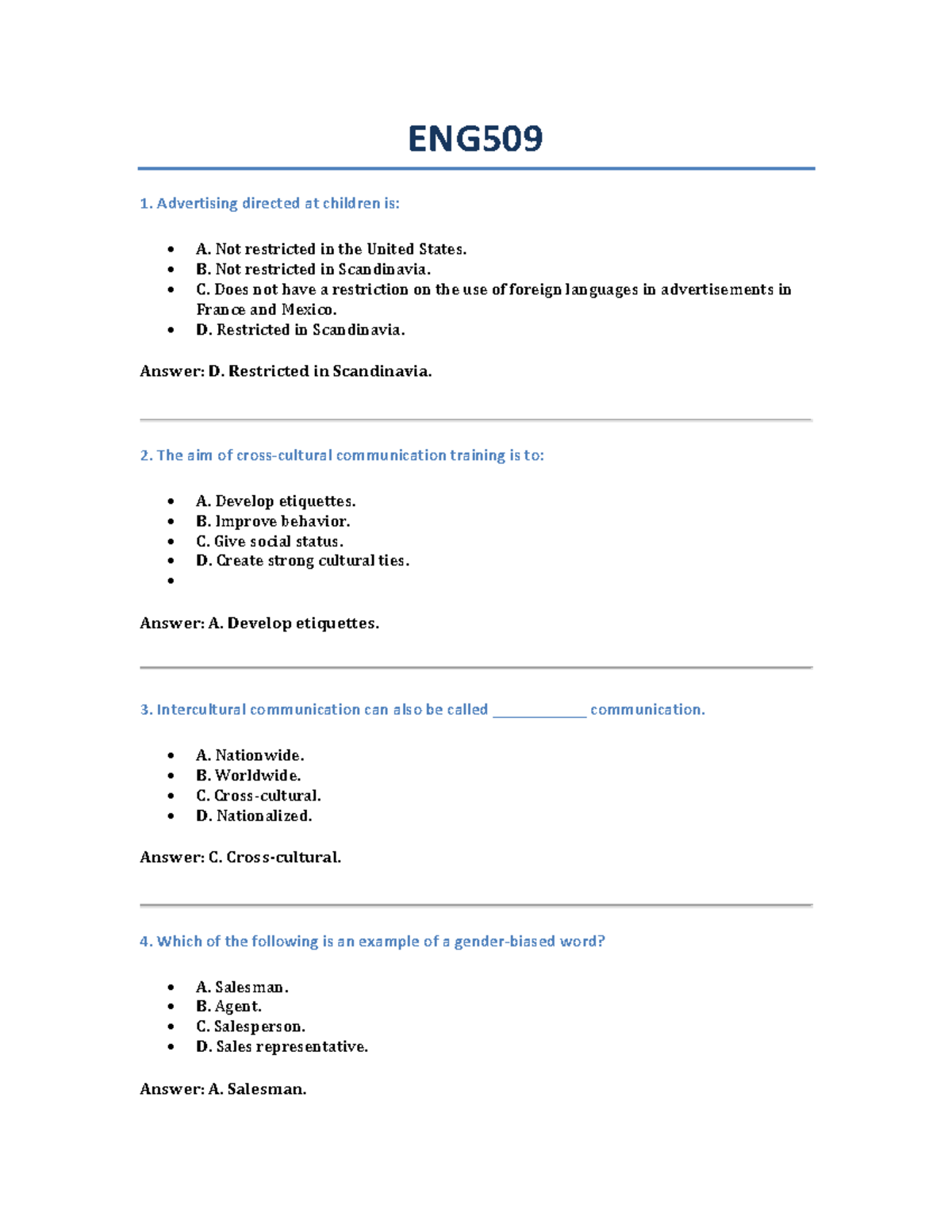 ENG301 Quiz 2 - Key Concepts in Intercultural Communication - Studocu