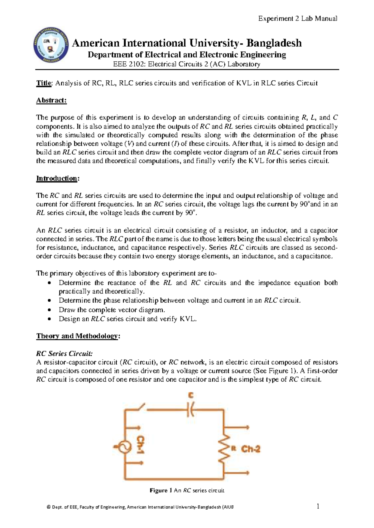 EC2: Lab Manual for Experiment 2 - Analysis of RC, RL, RLC Circuits ...