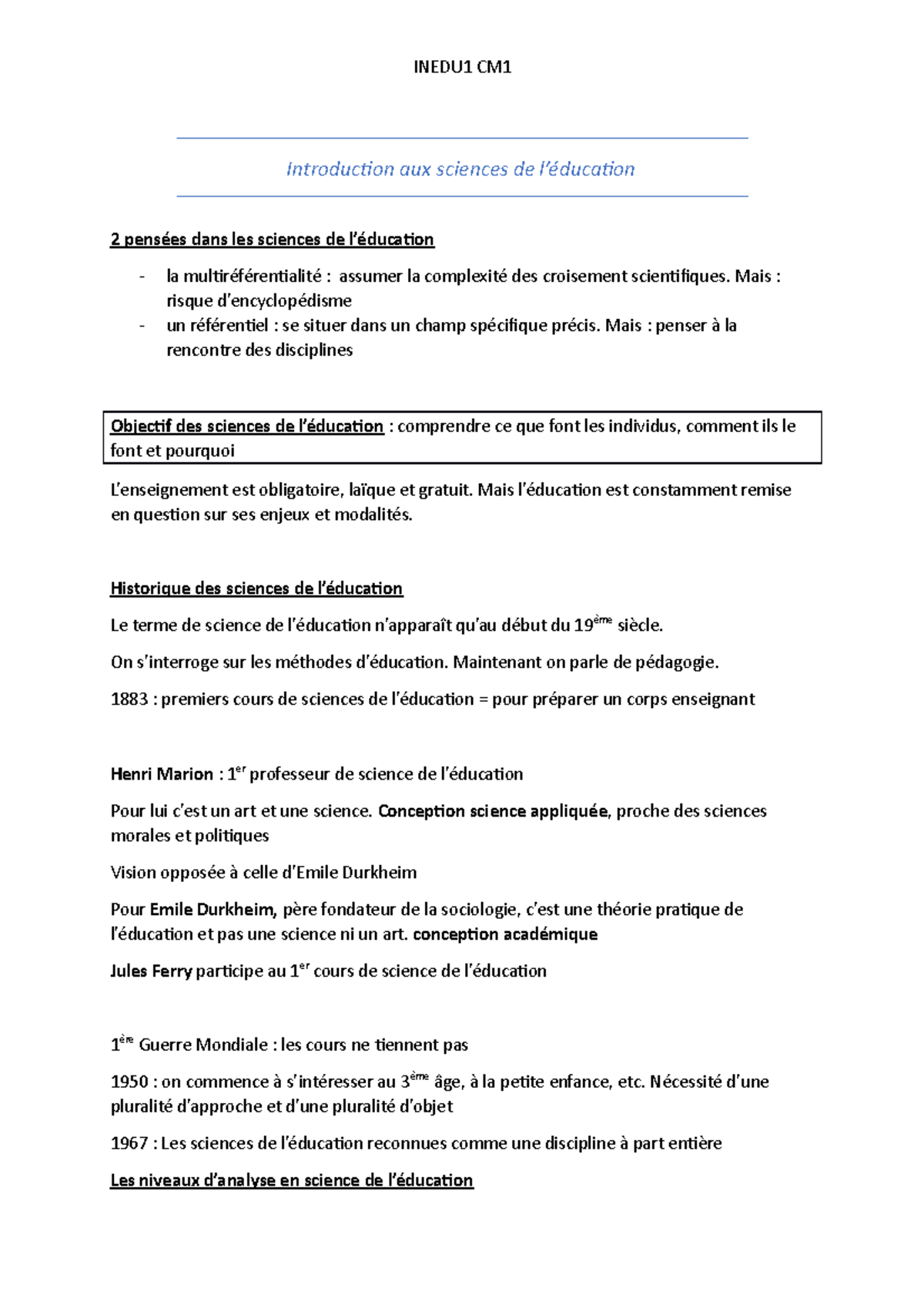 Introduction aux sciences de l'education (INEDU1) - CM 1 - Introduction ...