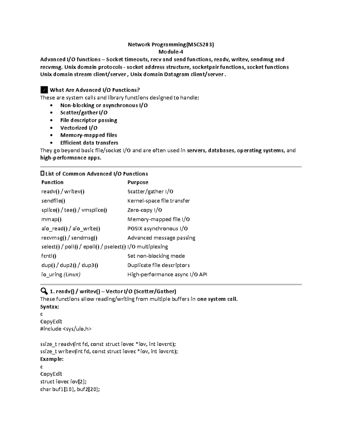 Network Programming (MSCS203) Advanced Socket Functions and Timeouts ...