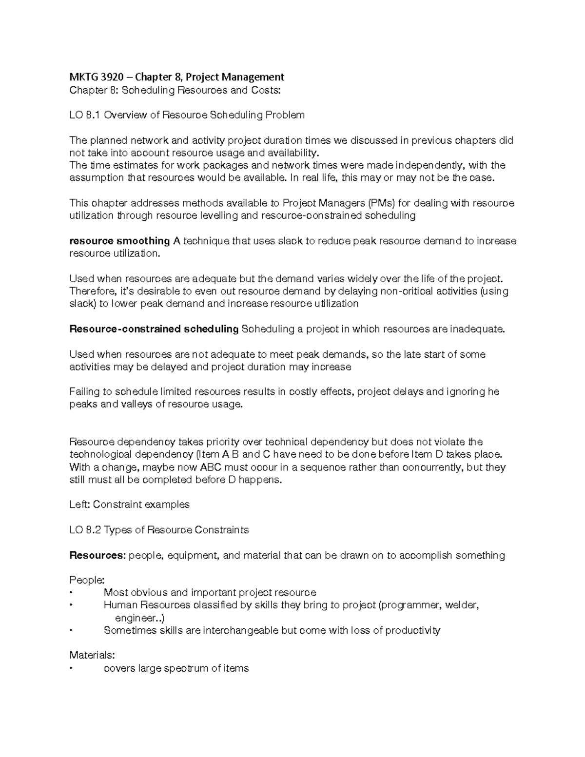 MKTG 3920 - Chapter 8 - Project Management Resource Scheduling Notes ...