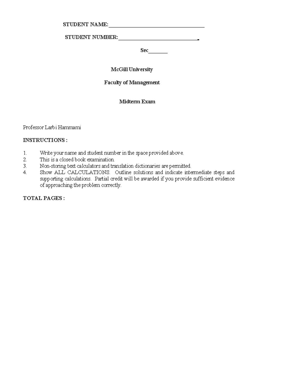 Midterm Practice Exam for Management (Course Code: FIN 301) - Studocu