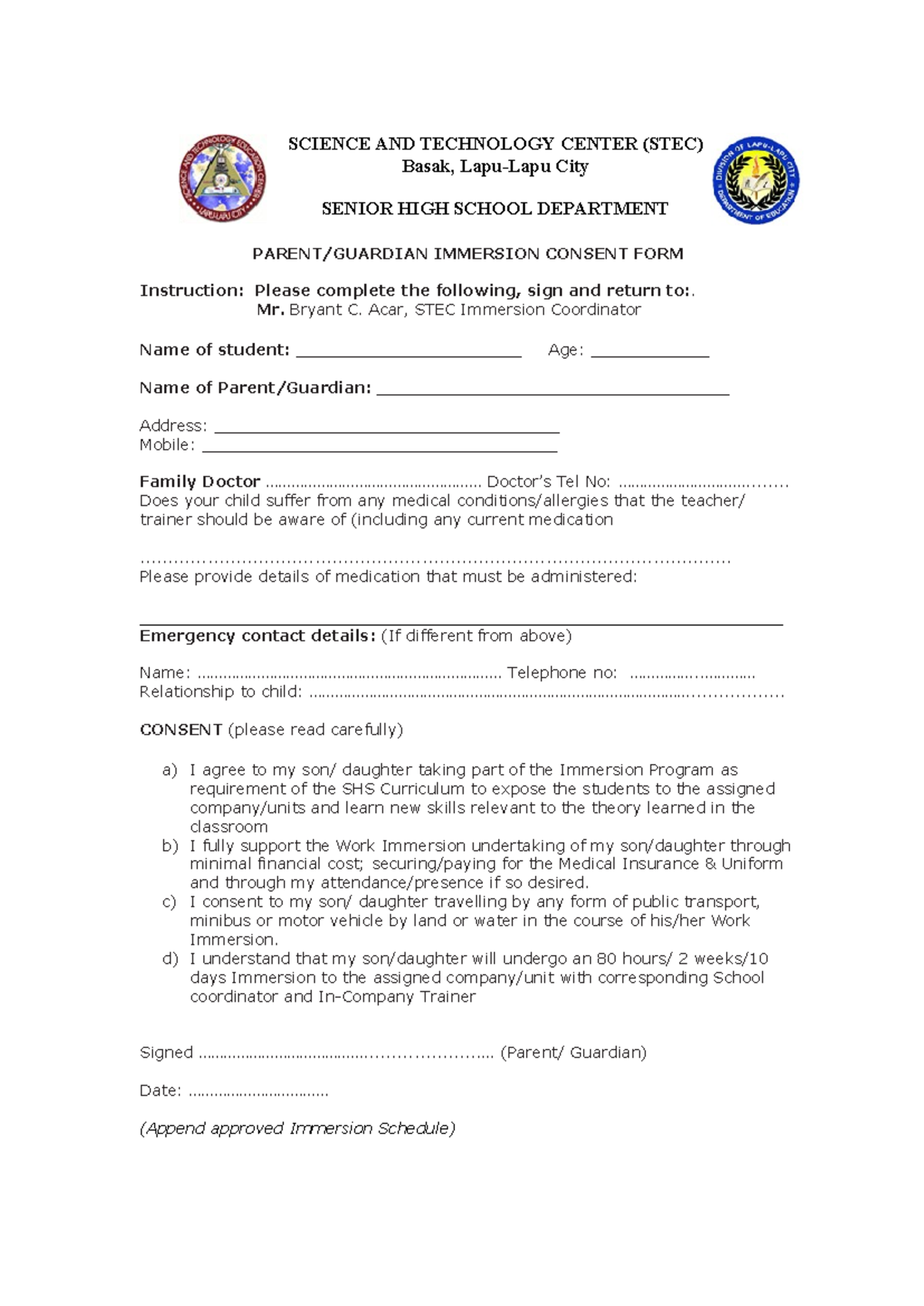 Senior High School SHS Parent/Guardian Immersion Consent Form 2024 ...