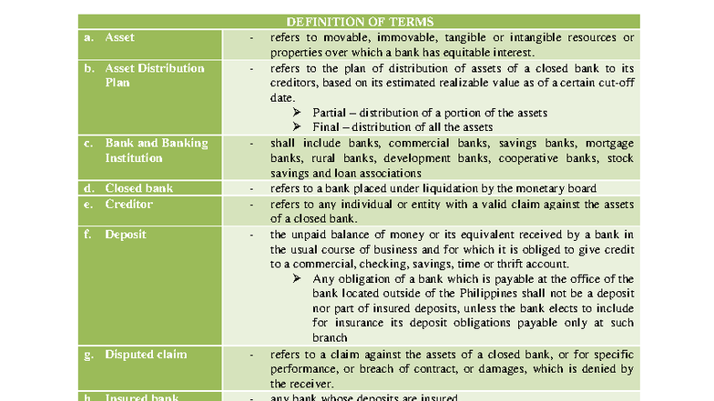 PDIC Law Notes: Understanding Asset Distribution & Banking Terms - Studocu