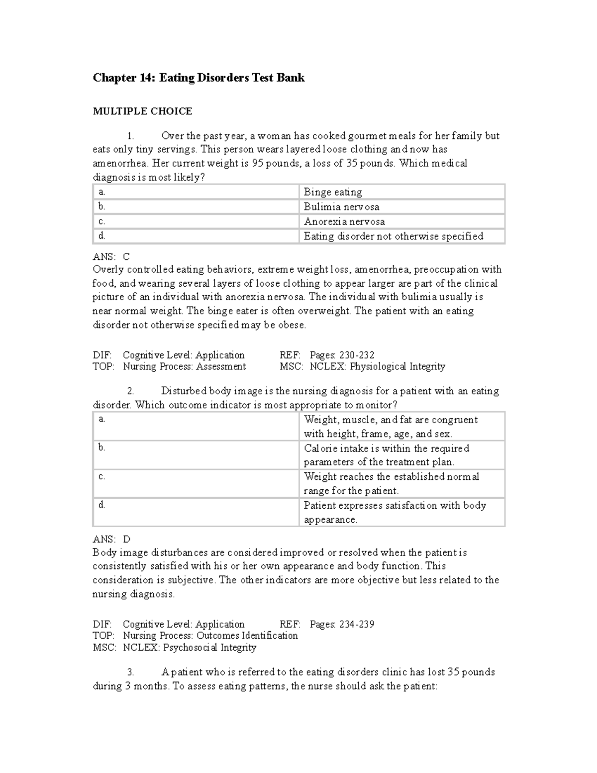 Chapter 14 Test Bank: Understanding Eating Disorders in Nursing - Studocu