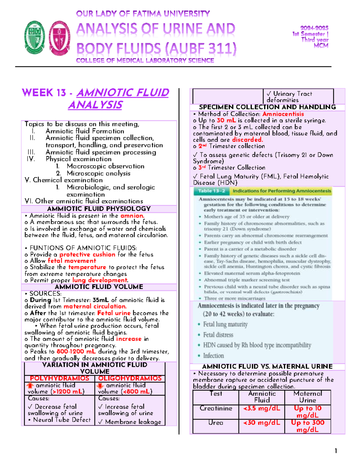WEEK 13 AUBF 311 - Amniotic Fluid Analysis & Examination Techniques ...
