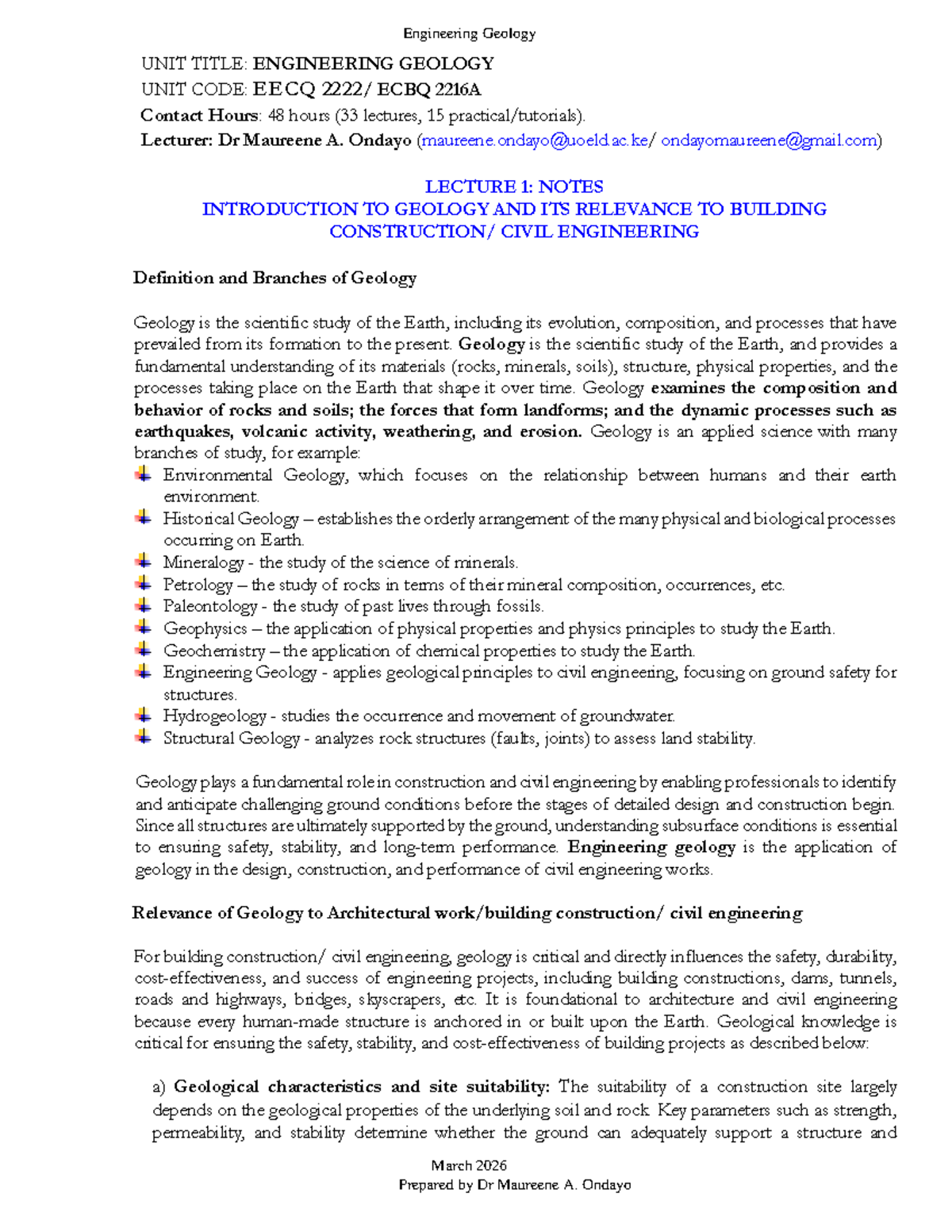 GEO1 - Lecture Notes on Engineering Geology (EECQ ECBQ 2216A) - Studocu
