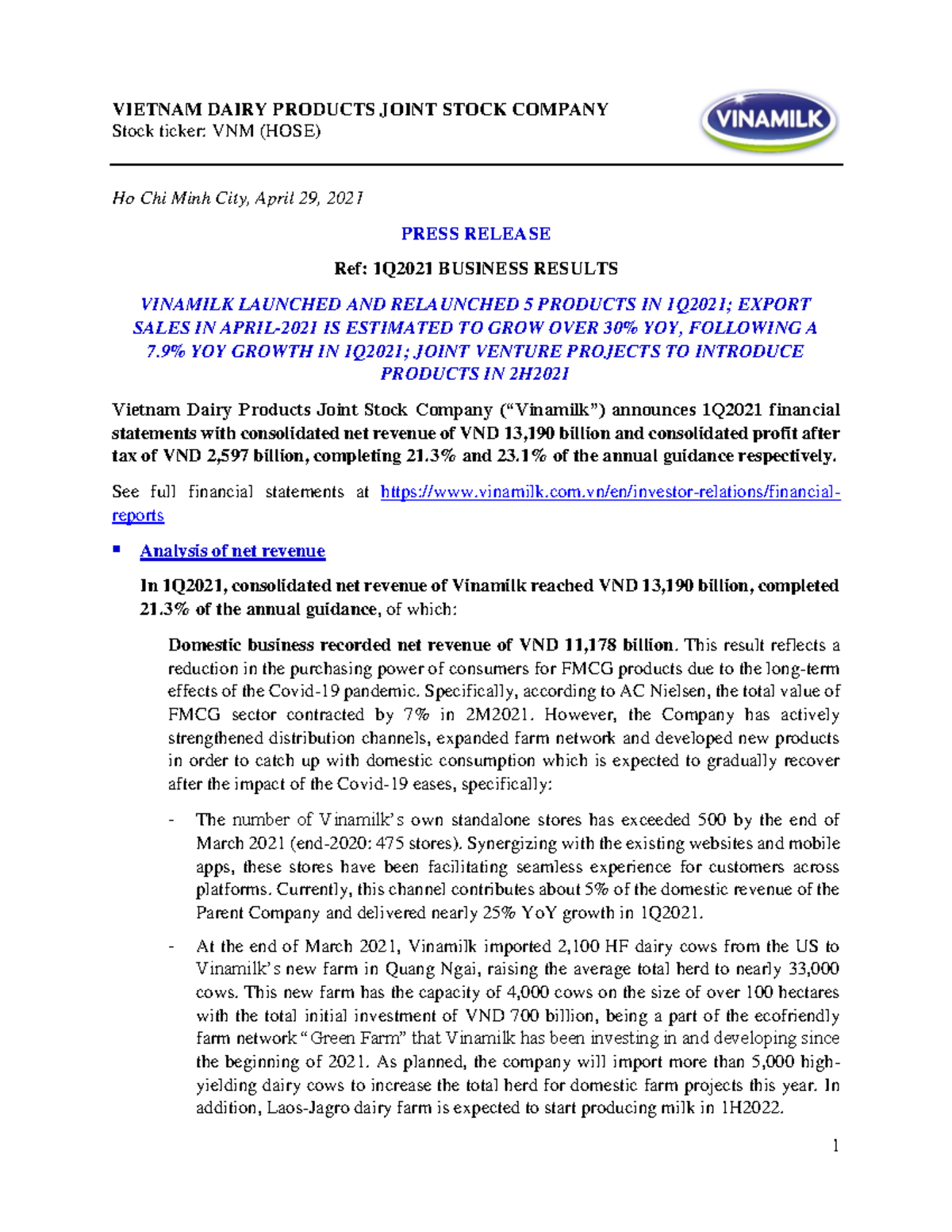 Vnm 3 - dfdfdf - 1 VIETNAM DAIRY PRODUCTS JOINT STOCK COMPANY Stock ...