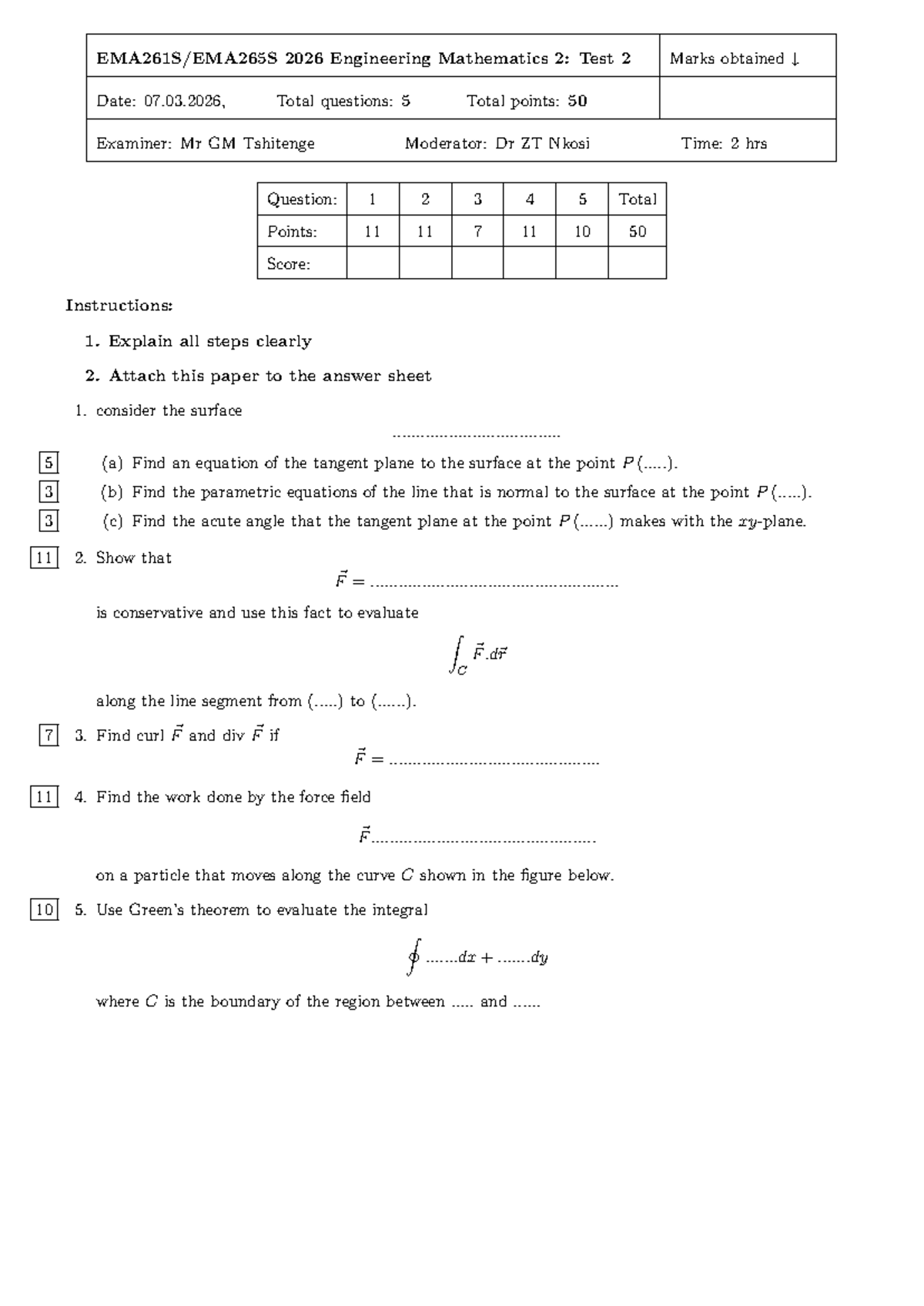 Engineering Mathematics 2 (ENGM 2026): Test 2 Sample Questions - Studocu