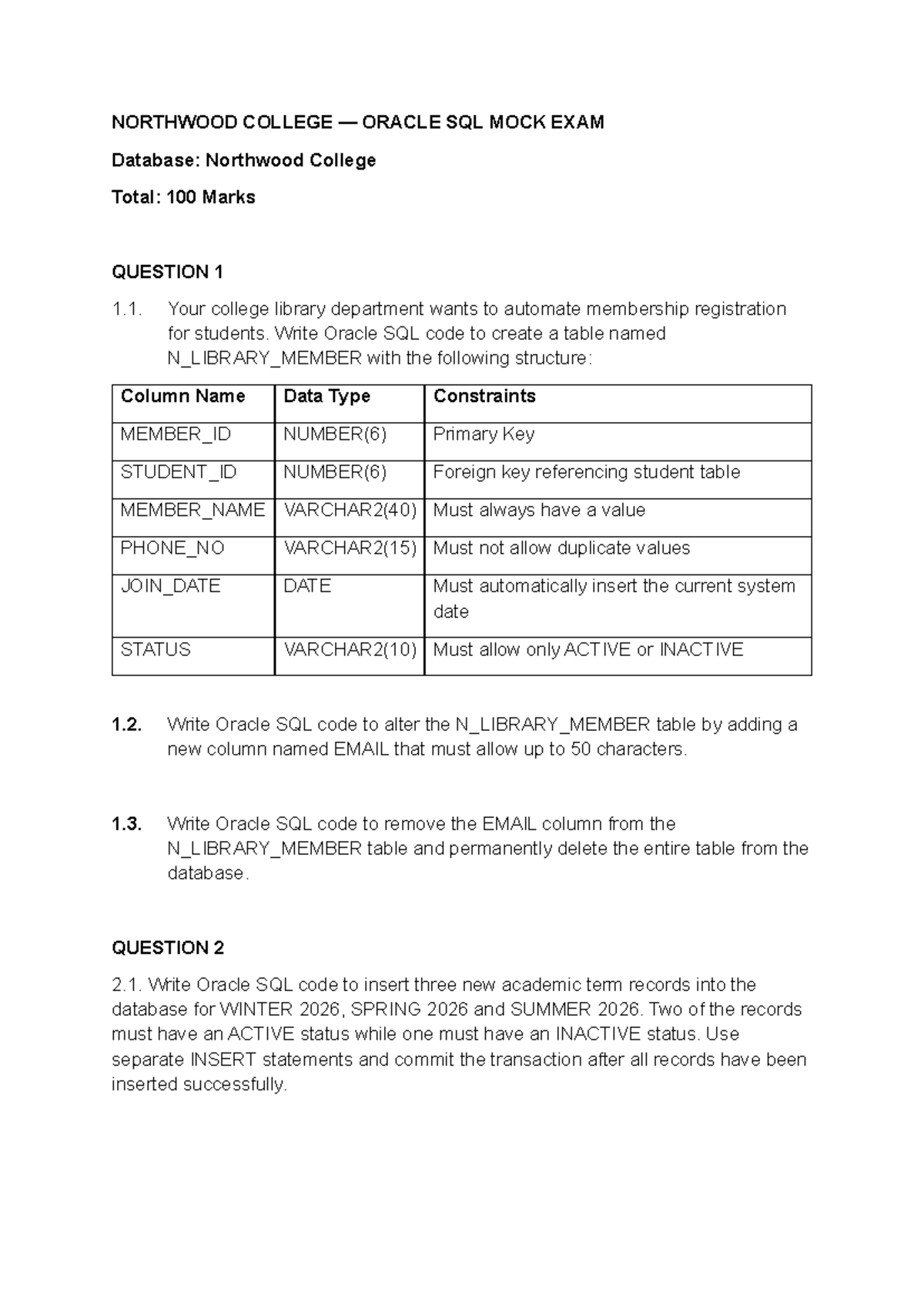 Mock Exam DTP216D: Oracle SQL Practice Questions and Solutions - Studocu