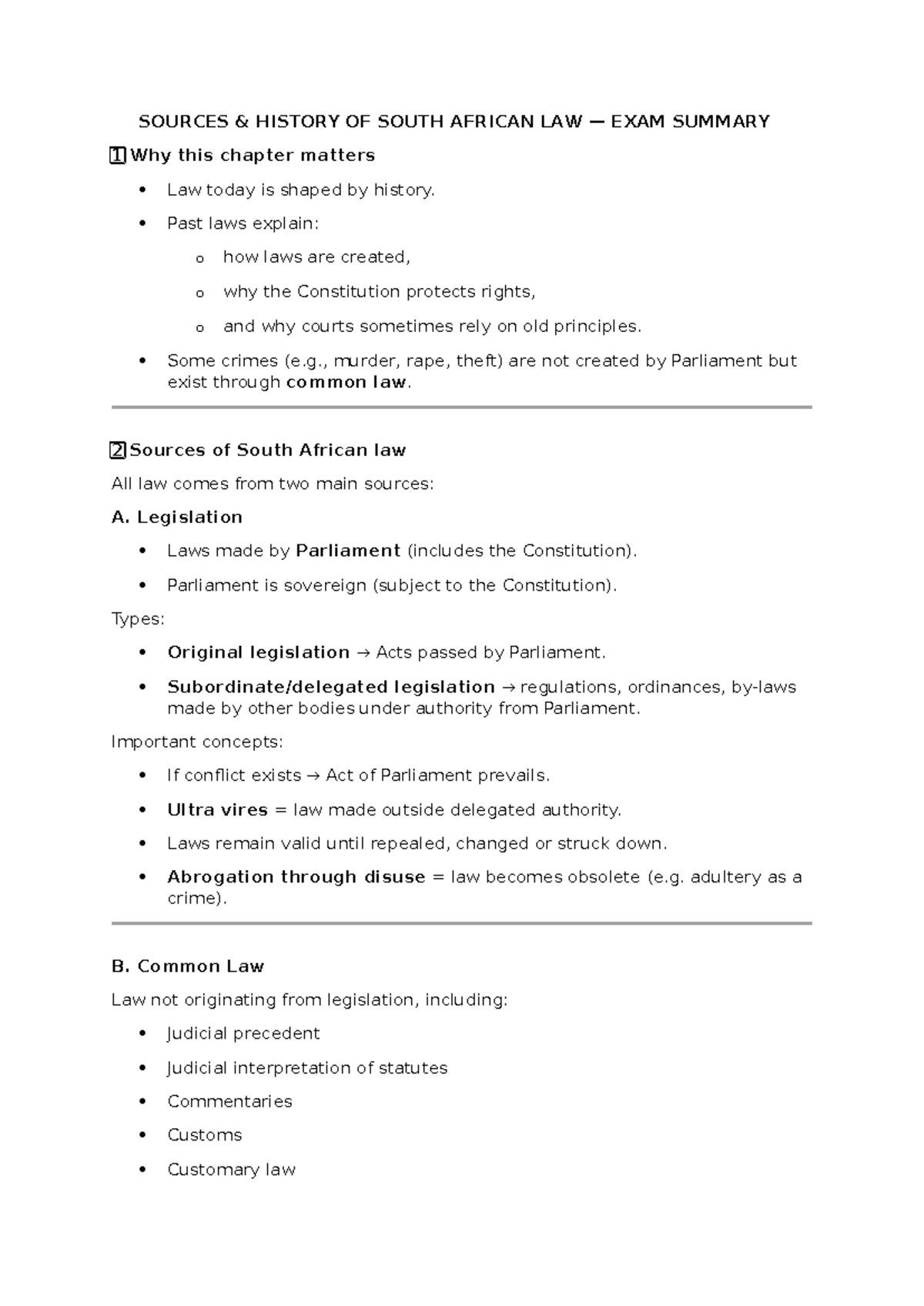 HIS 101: Chapter 2 - Sources of South African Law Exam Summary - Studocu