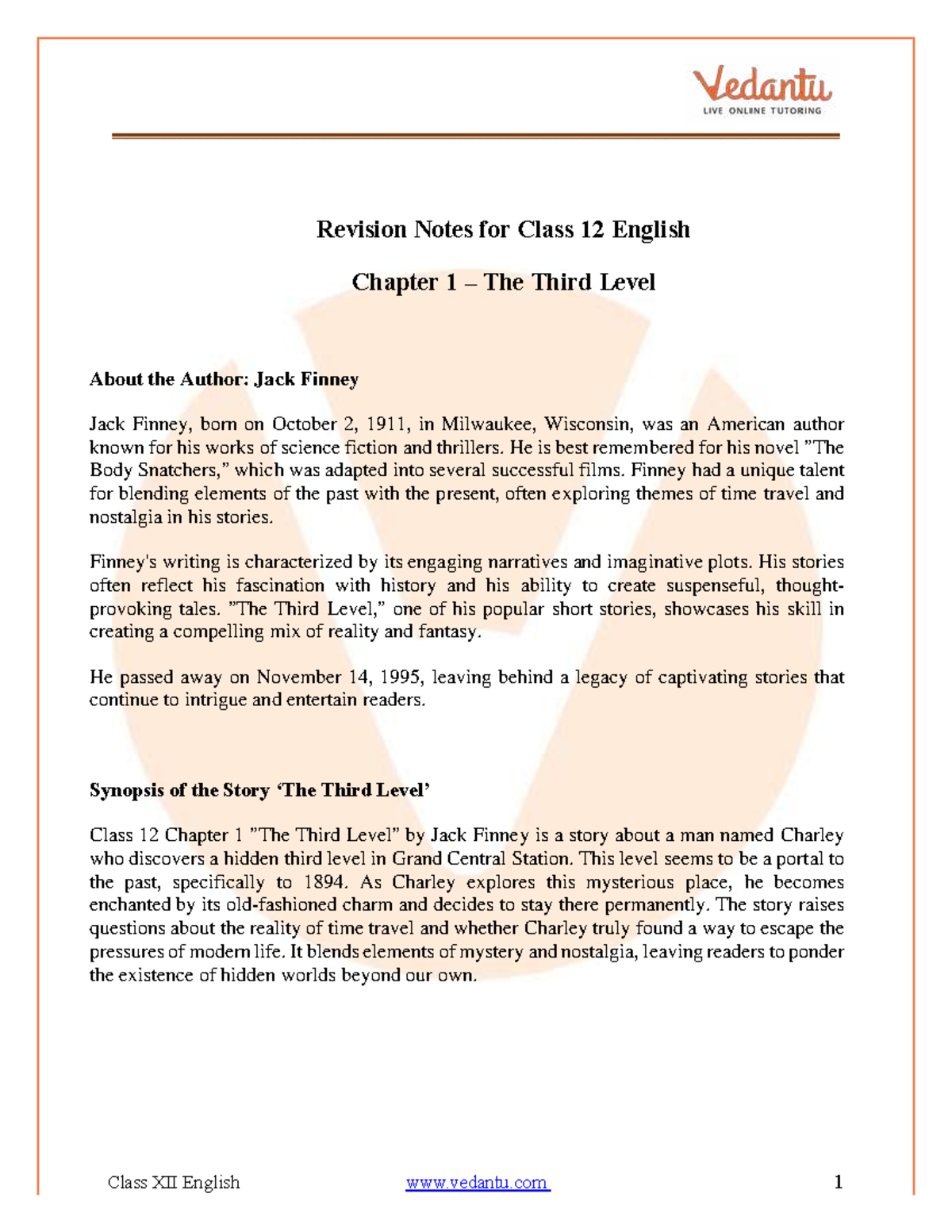 CBSE Class 12 English Vistas Chapter 1 The Third Level Revision Notes ...