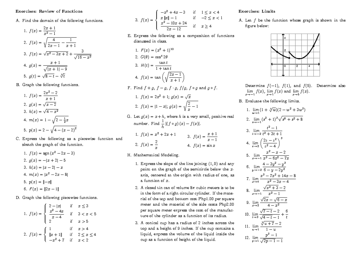 Exercises: Review of Functions and Limits (MATH 101) - Studocu