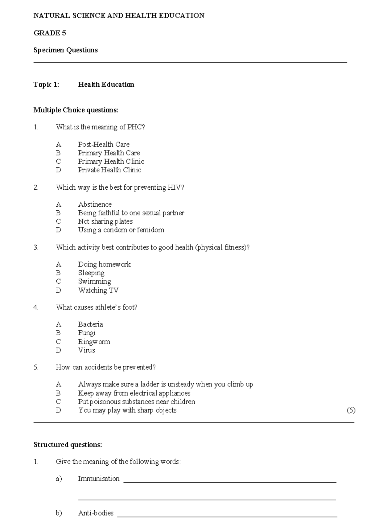 Grade 5 Natural Science Specimen Paper: Questions & Answers - Studocu