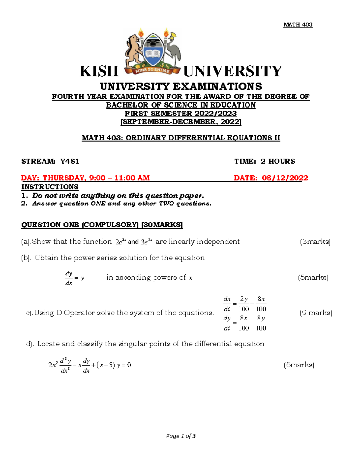 MATH 403 - Final Exam Summary Notes on Ordinary Differential Equations ...
