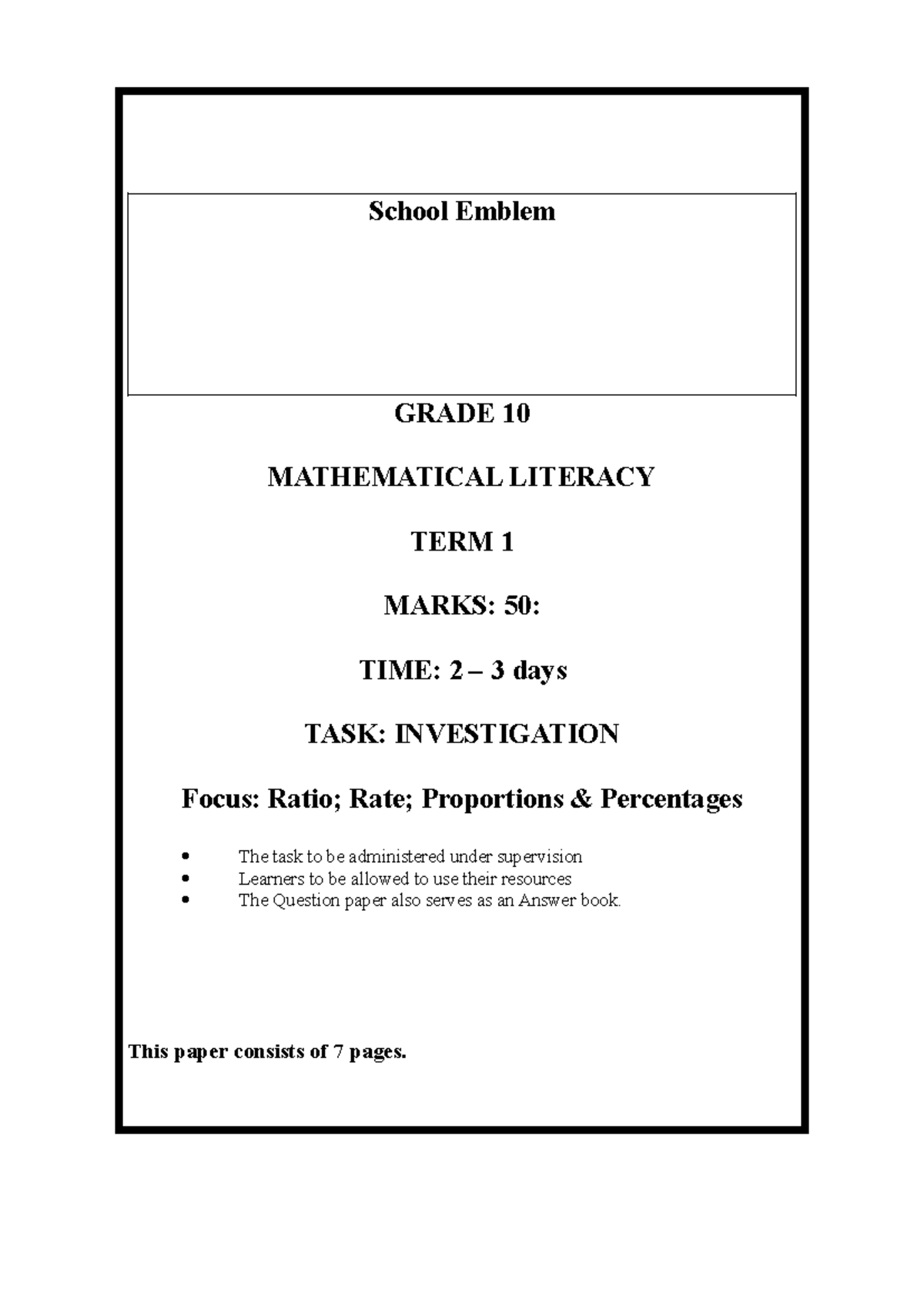 Mathematical Literacy GRADE 10 Term 1 Investigation 2026 - Studocu