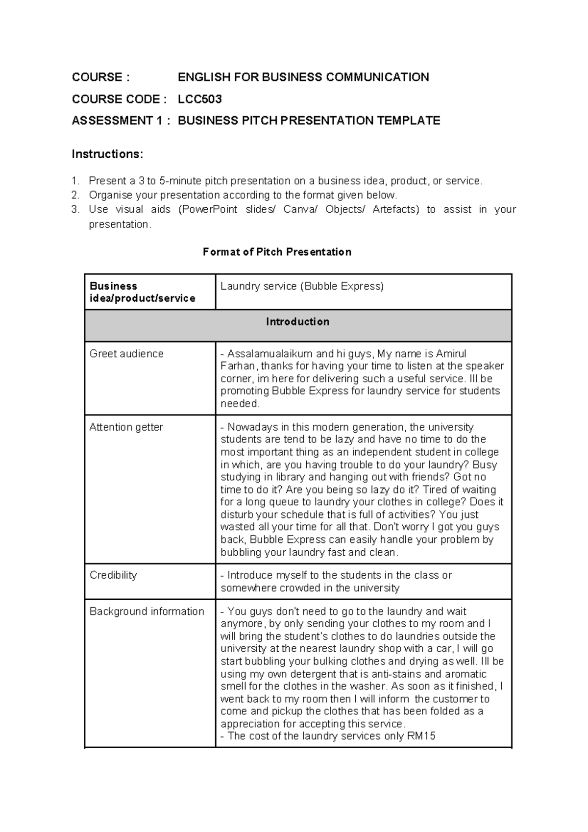 Business Pitch Presentation Template for LCC Course: Bubble Express ...