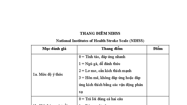 Thang Điểm NIHSS: Đánh Giá Đột Quỵ và Tình Trạng Bệnh Nhân - Studocu