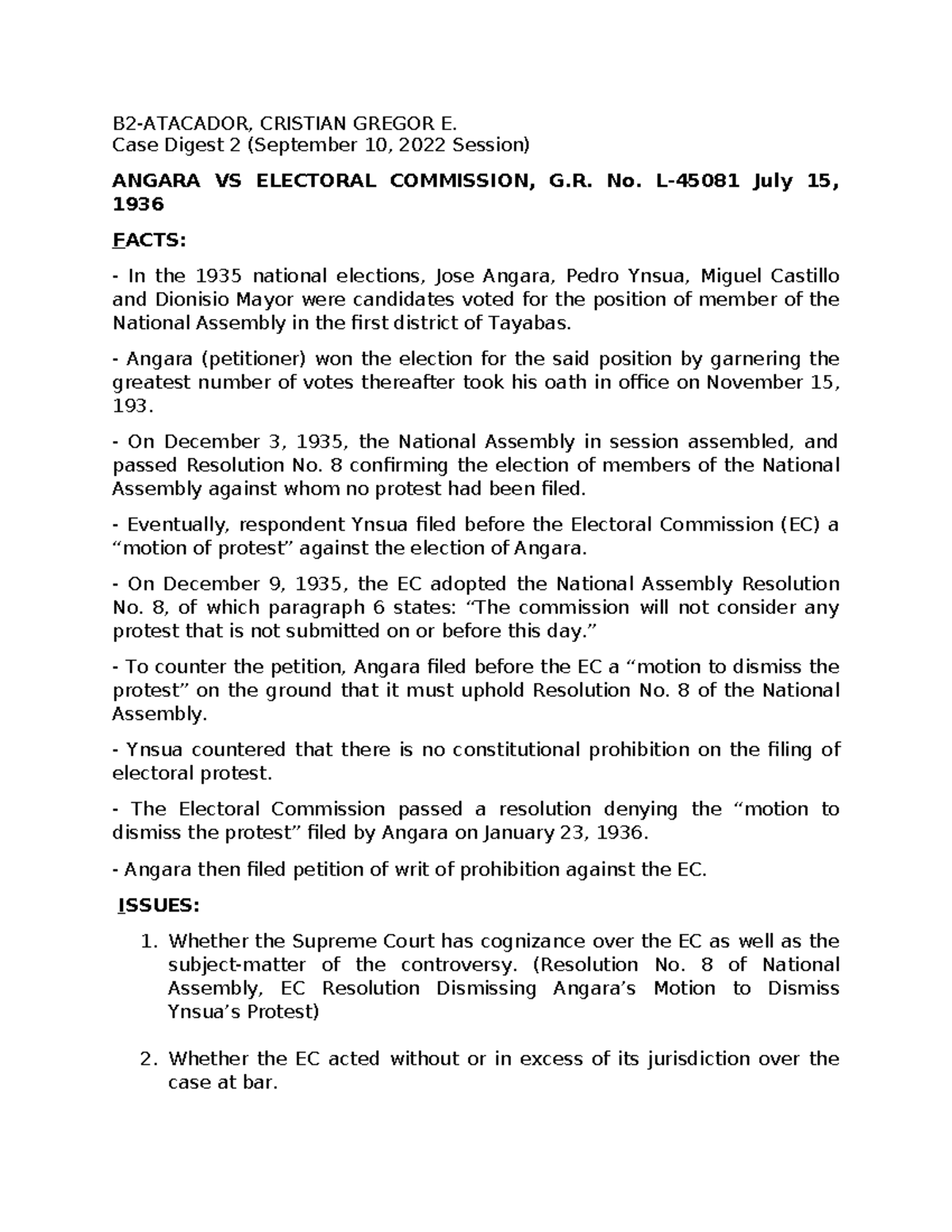 CRISTIAN GREGOR E. Case Digest: Angara vs. Electoral Commission (Final ...